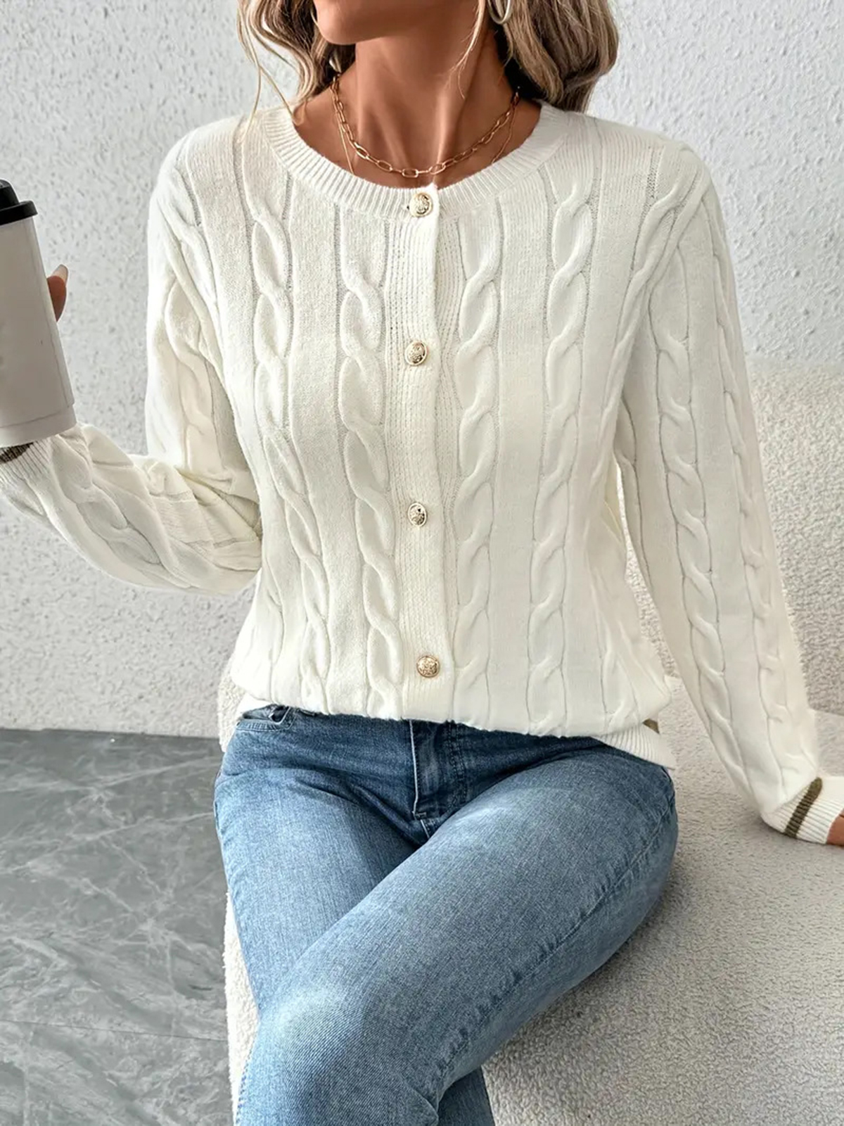 Women's Crew Neck Cable Cardigan