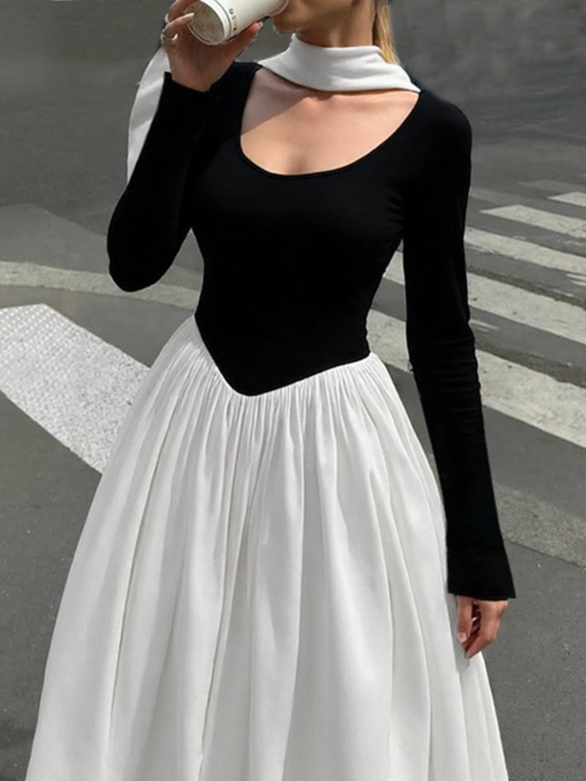 Long-Sleeved Contrast-Color Paneled Dress