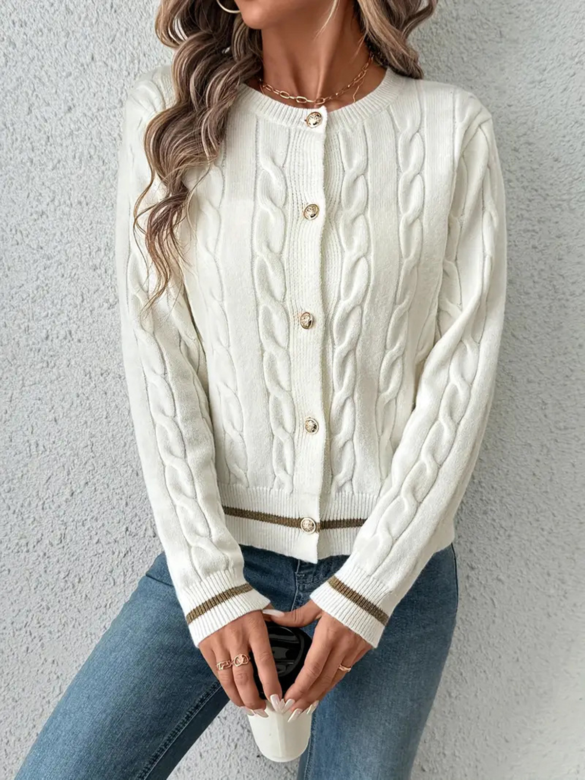 Women's Crew Neck Cable Cardigan