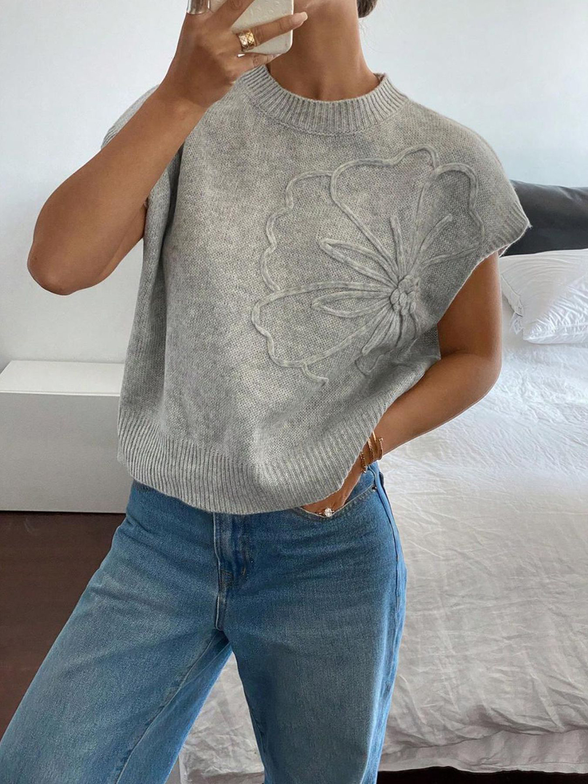 Floral Appliqué Cap-sleeve Sweater