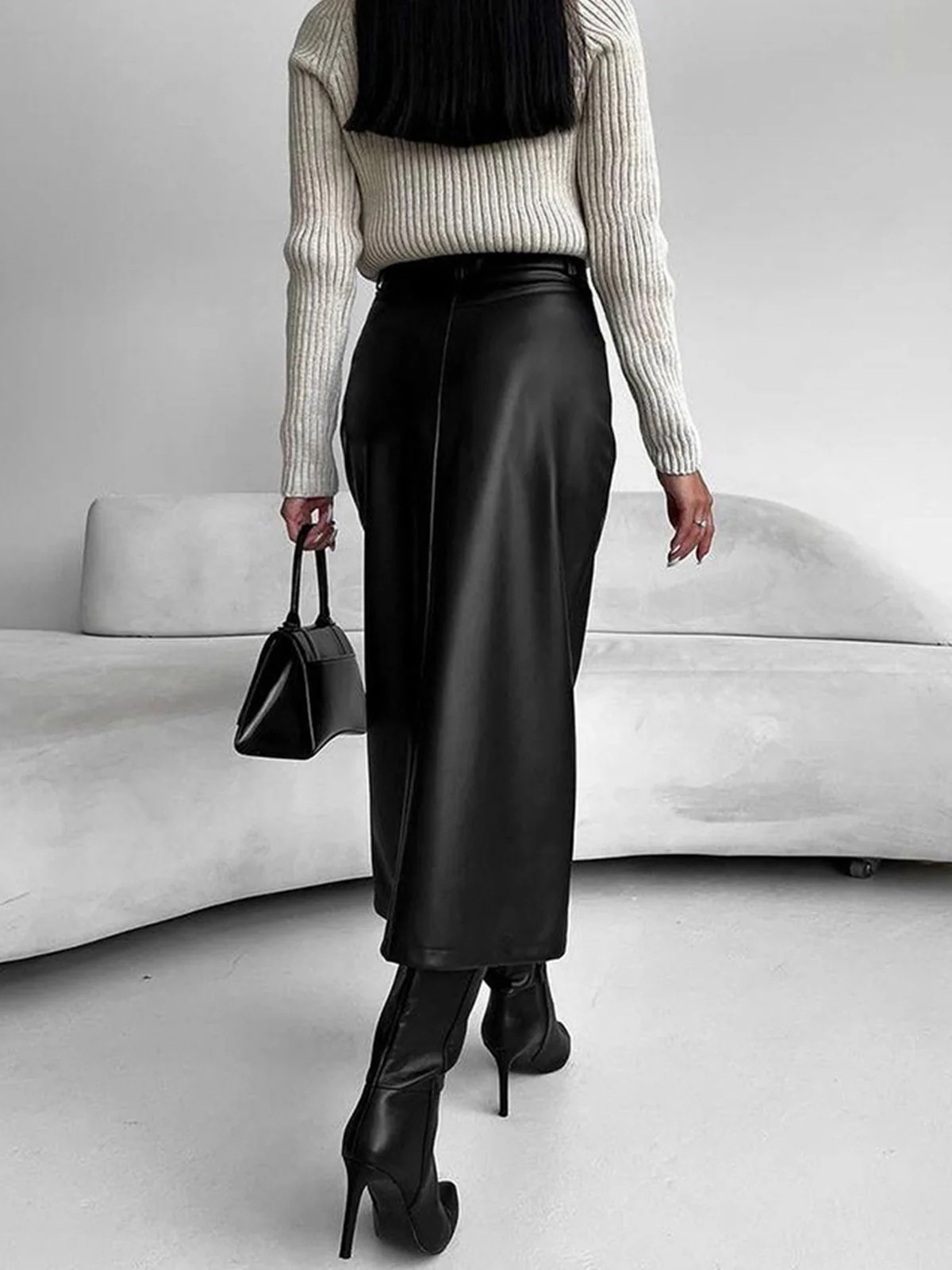 Front Slit PU Leather Midi Skirt