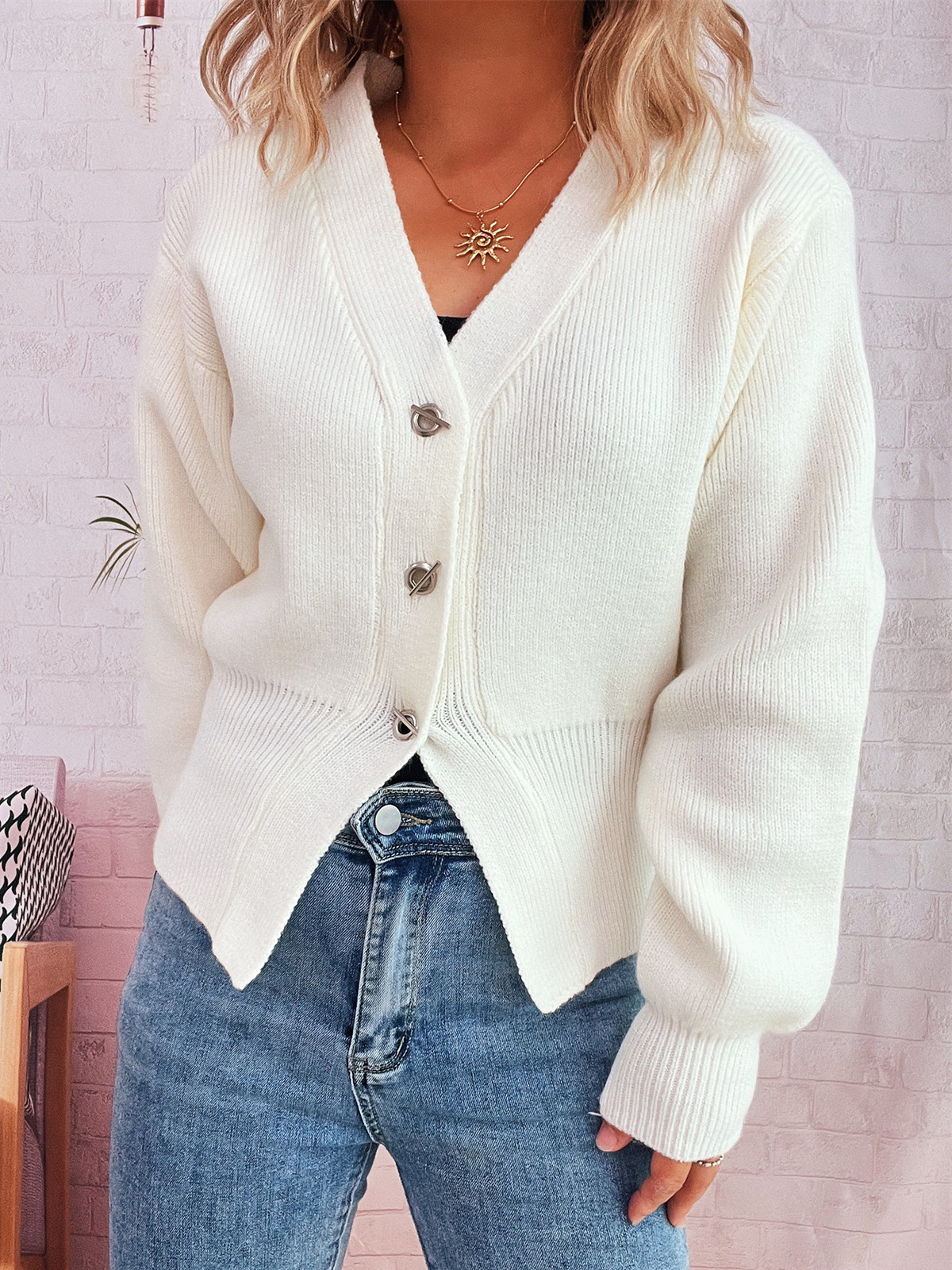 Women's Waisted Metal Button Cardigan