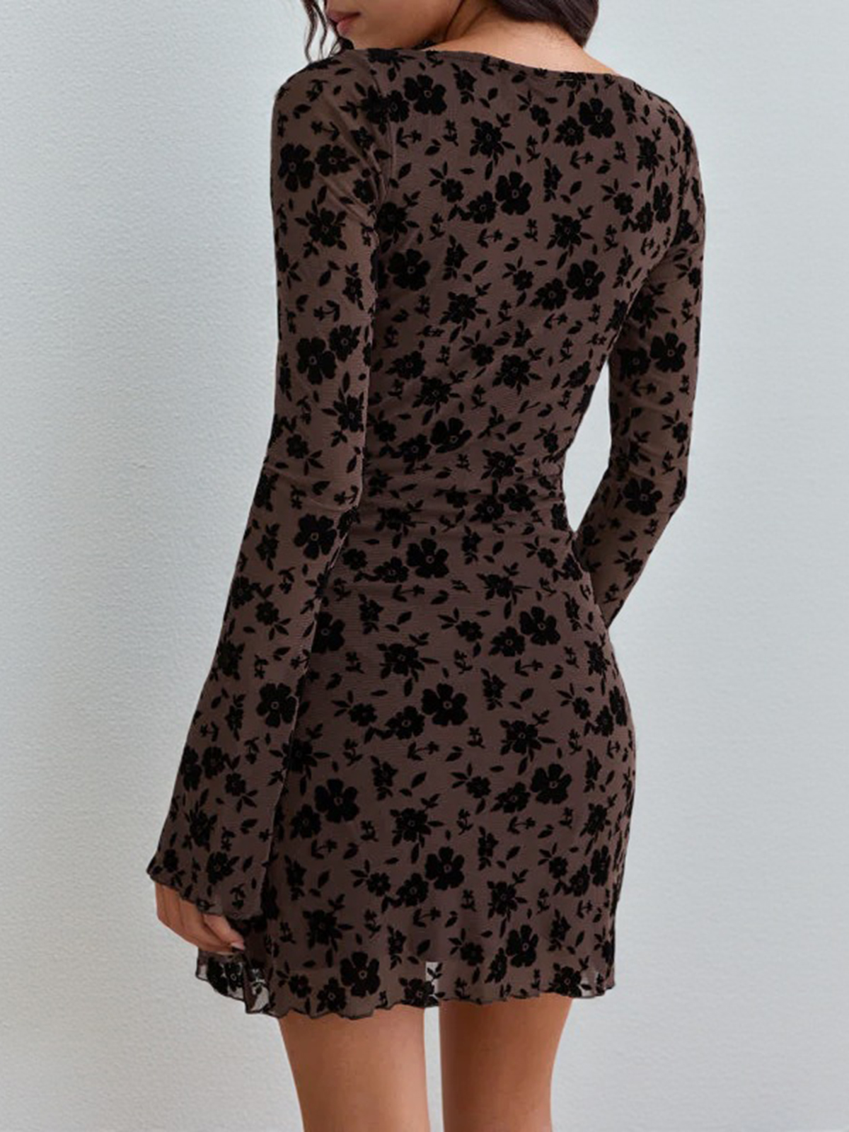 Women's Waist-Cinching Flocked Long-Sleeved Dress
