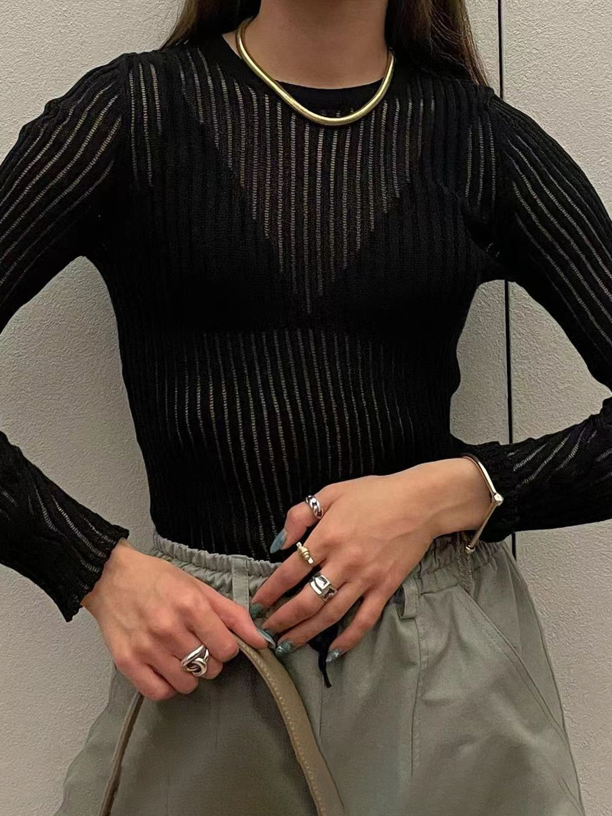 Women's Long-Sleeved Round Neck See-Through Thin Sweater
