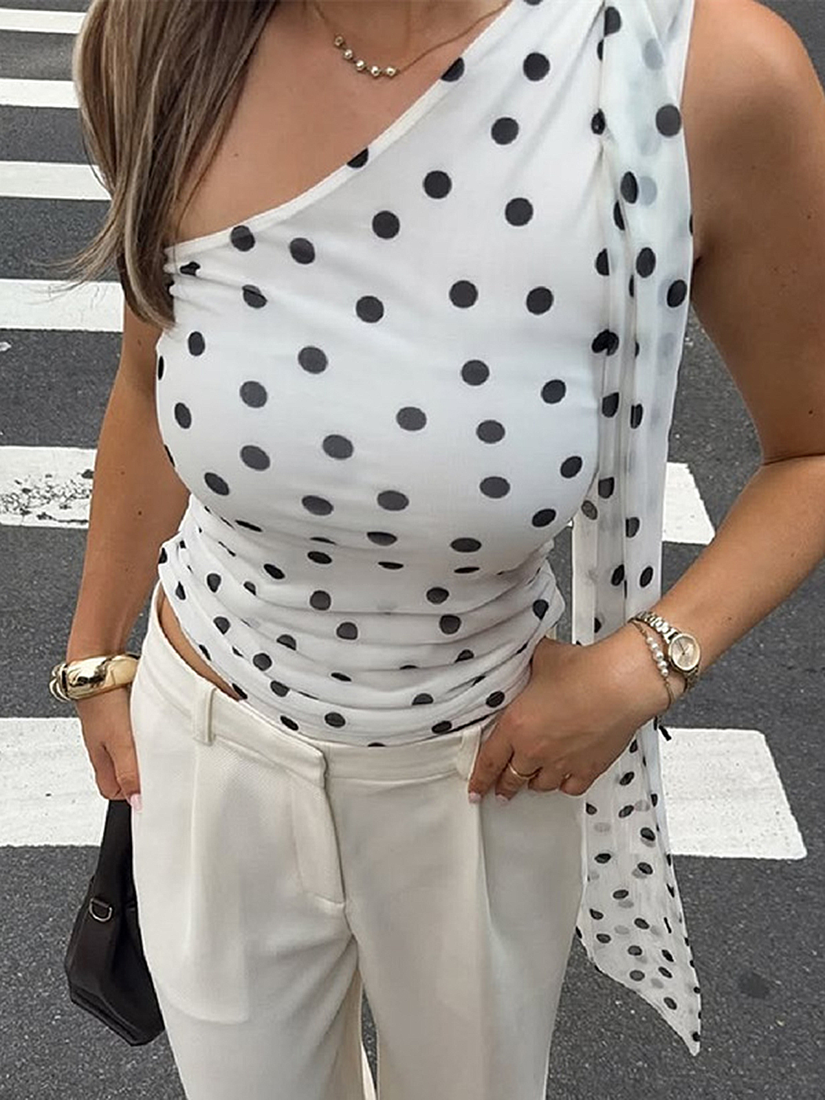 Polka Dot Print One-Shoulder Sleeveless Tank Top