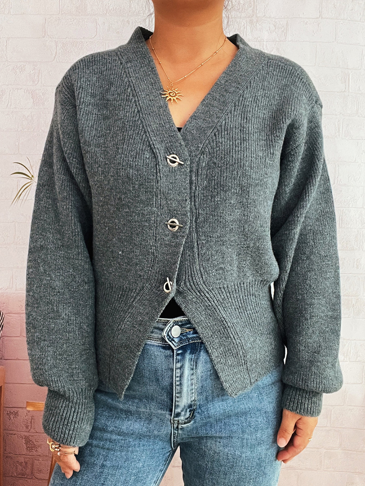 Women's Waisted Metal Button Cardigan