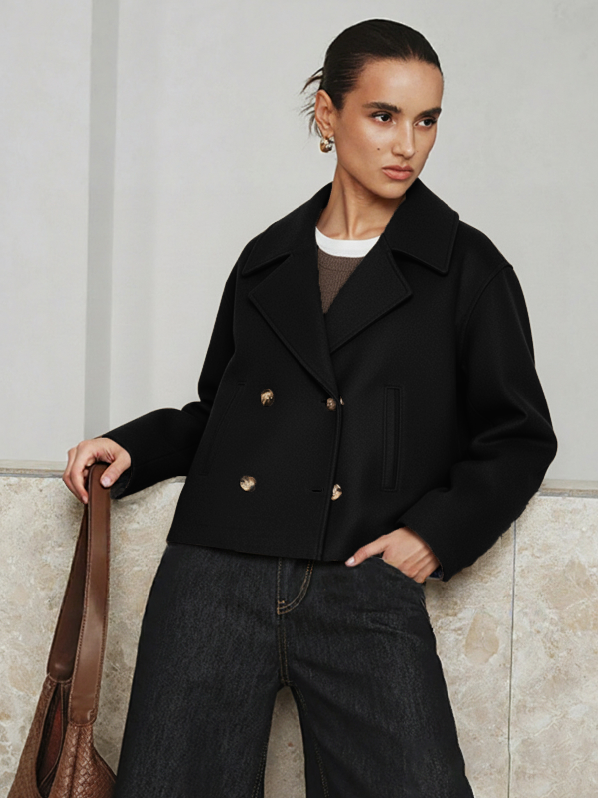 Cropped Double-breasted Lapel Coat