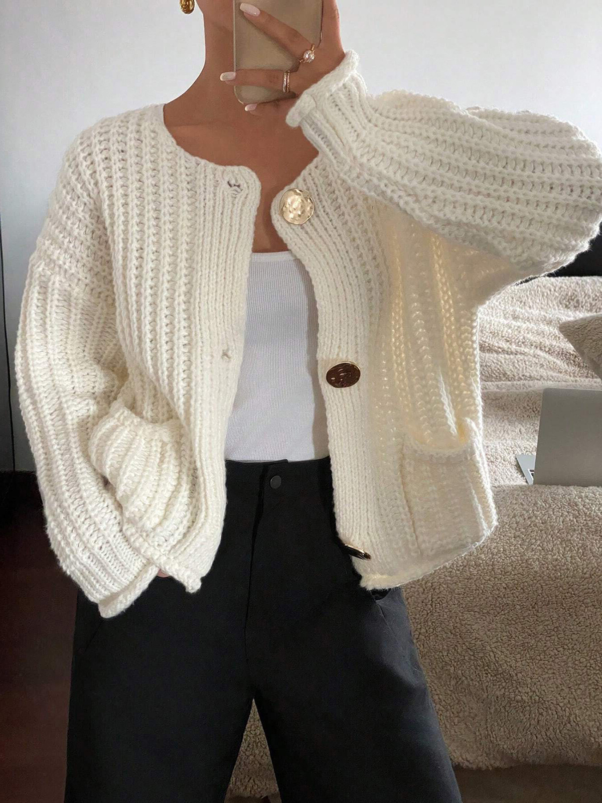 Metal Button Pocket Cardigan