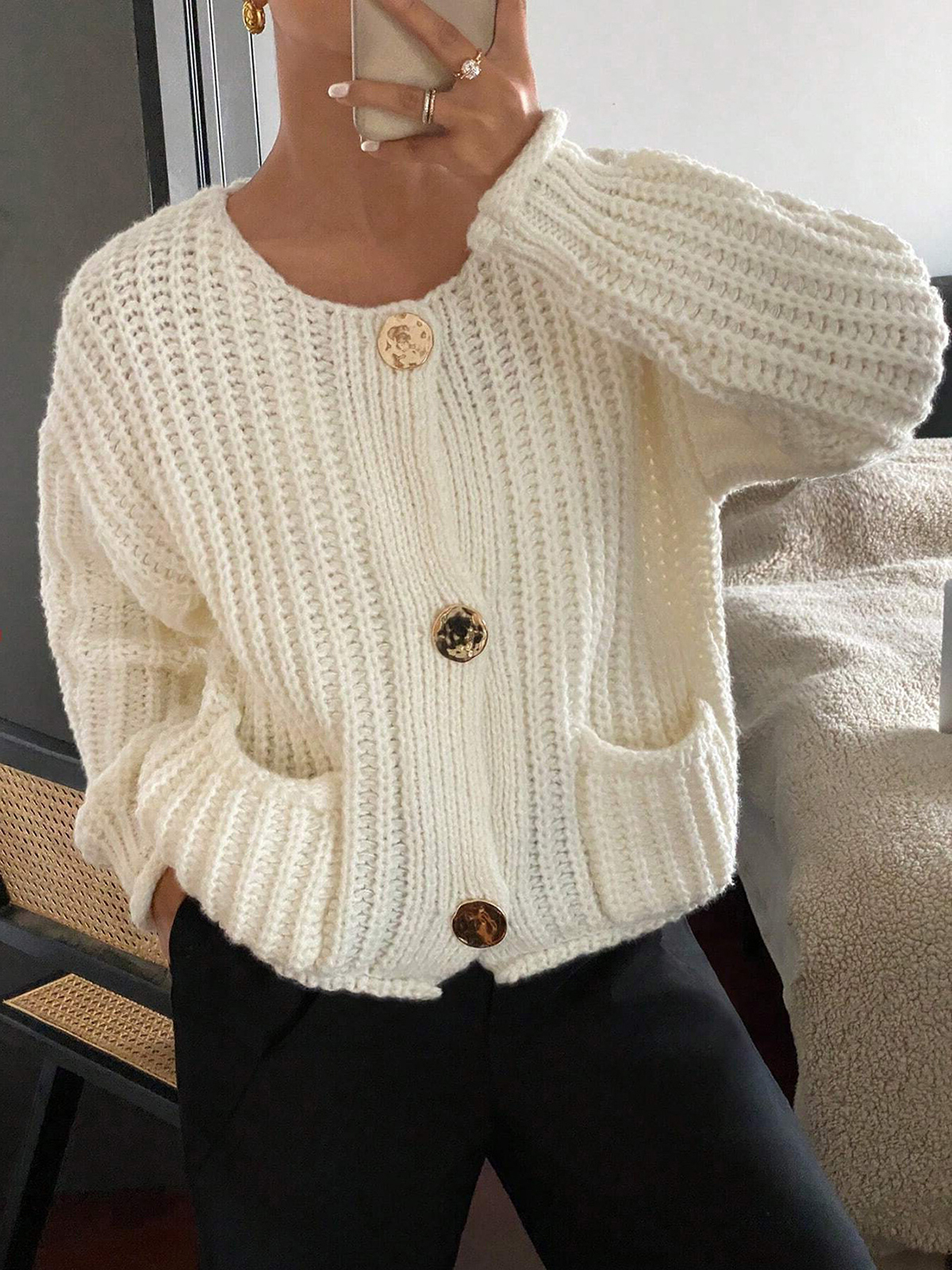 Metal Button Pocket Cardigan