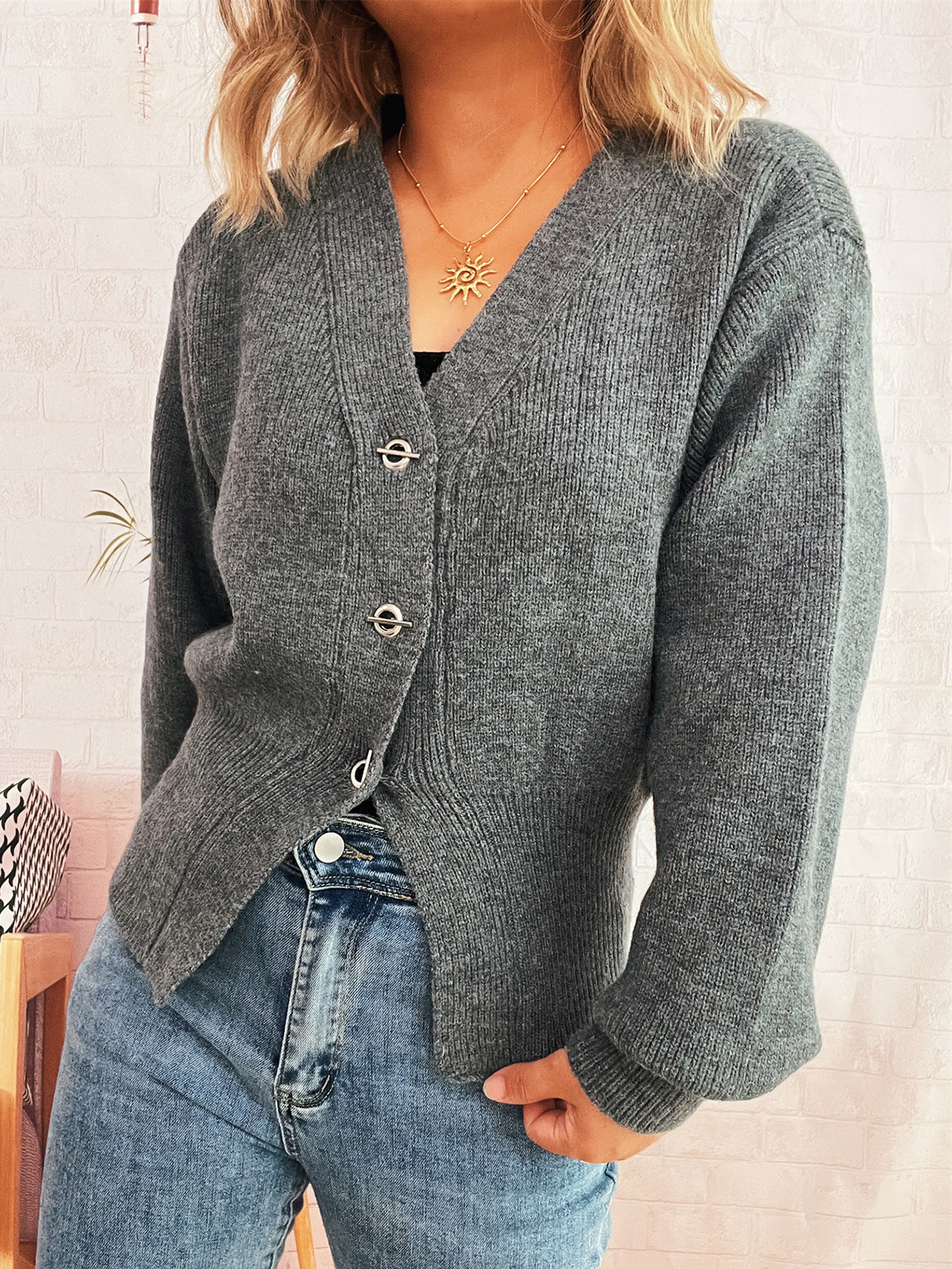 Women's Waisted Metal Button Cardigan