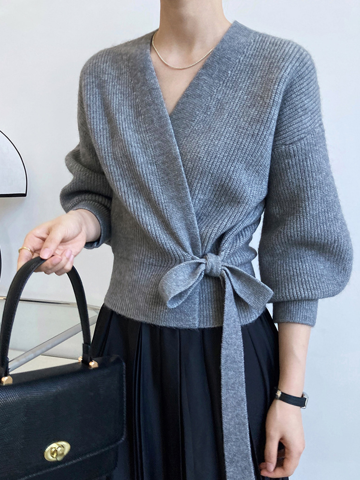 Women's Retro V-Neck Tie-Waist Knit Cardigan