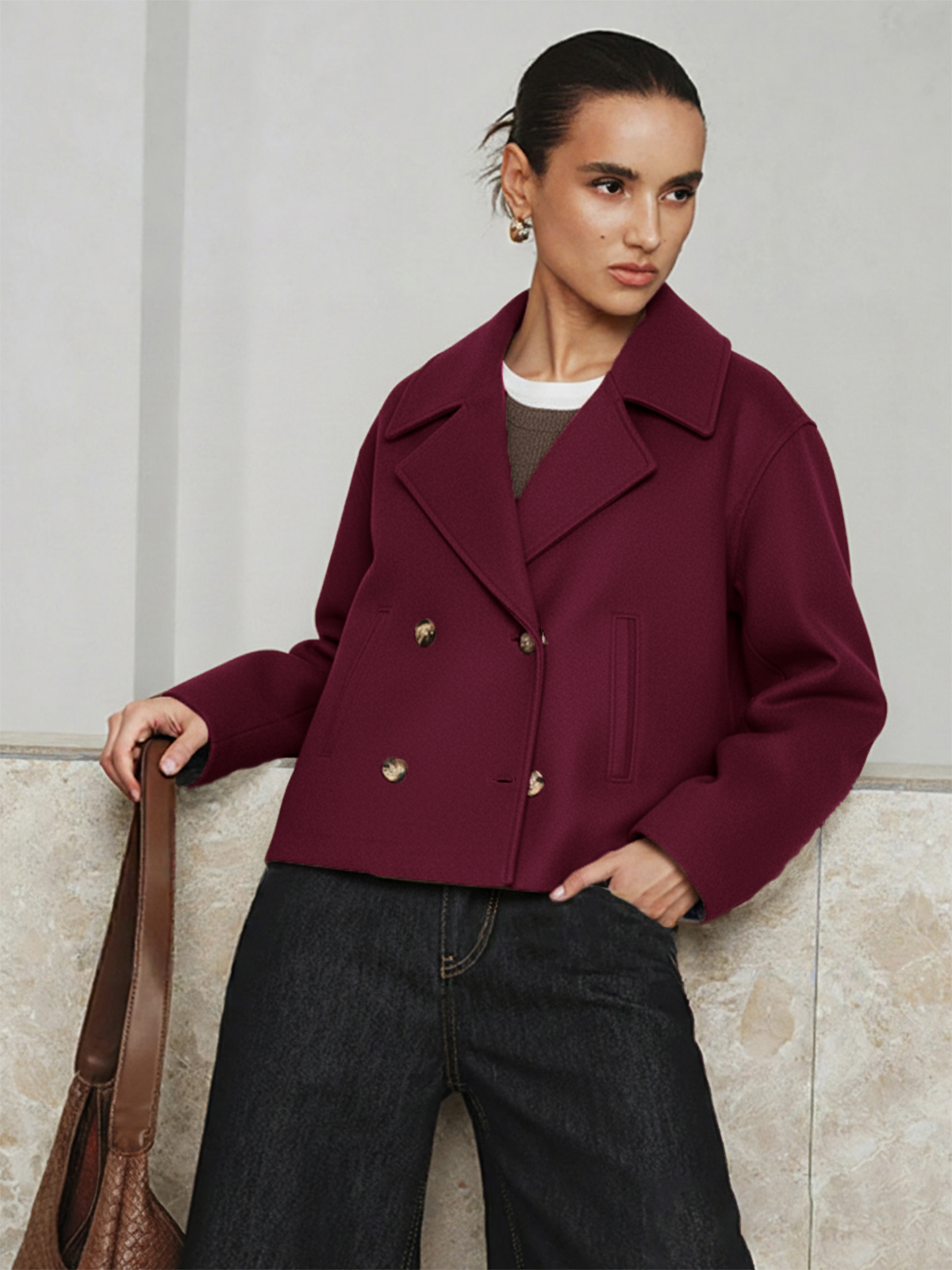 Cropped Double-breasted Lapel Coat