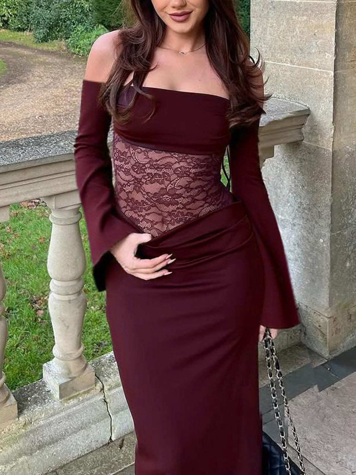 Women's Off-the-shoulder Lace Pleated Dress