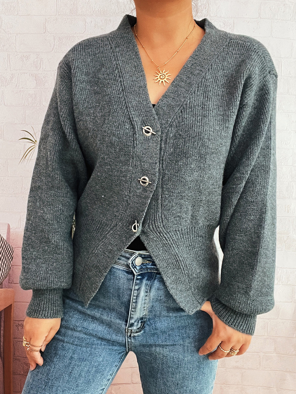 Women's Waisted Metal Button Cardigan