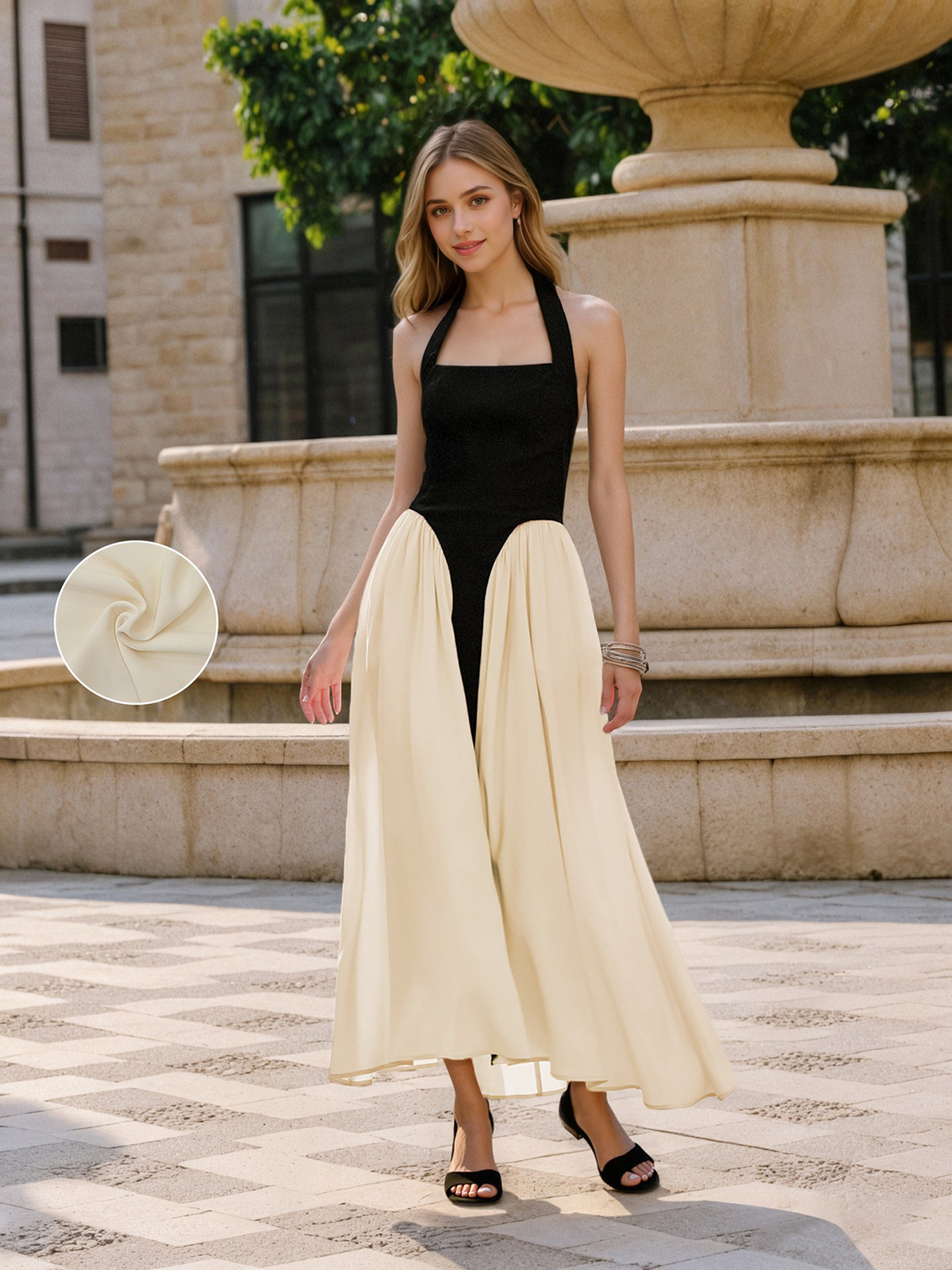 Women's Contrasting Color-blocked Halter Dress