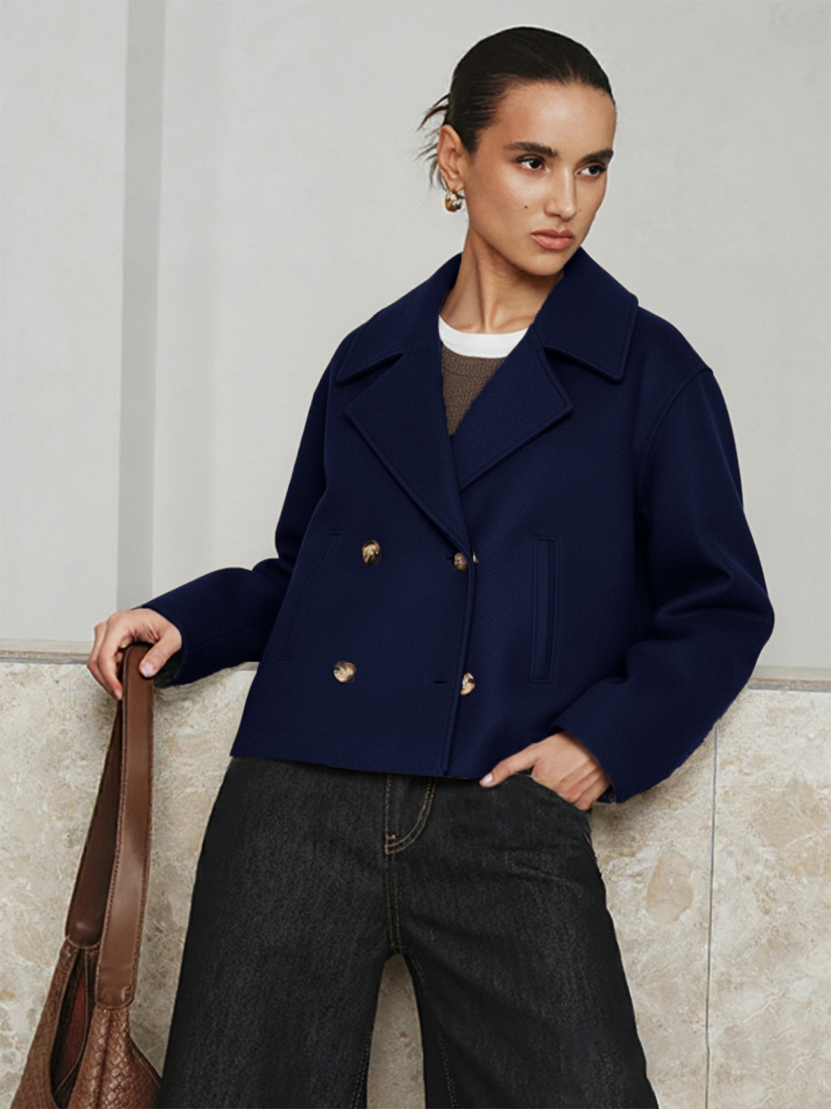 Cropped Double-breasted Lapel Coat