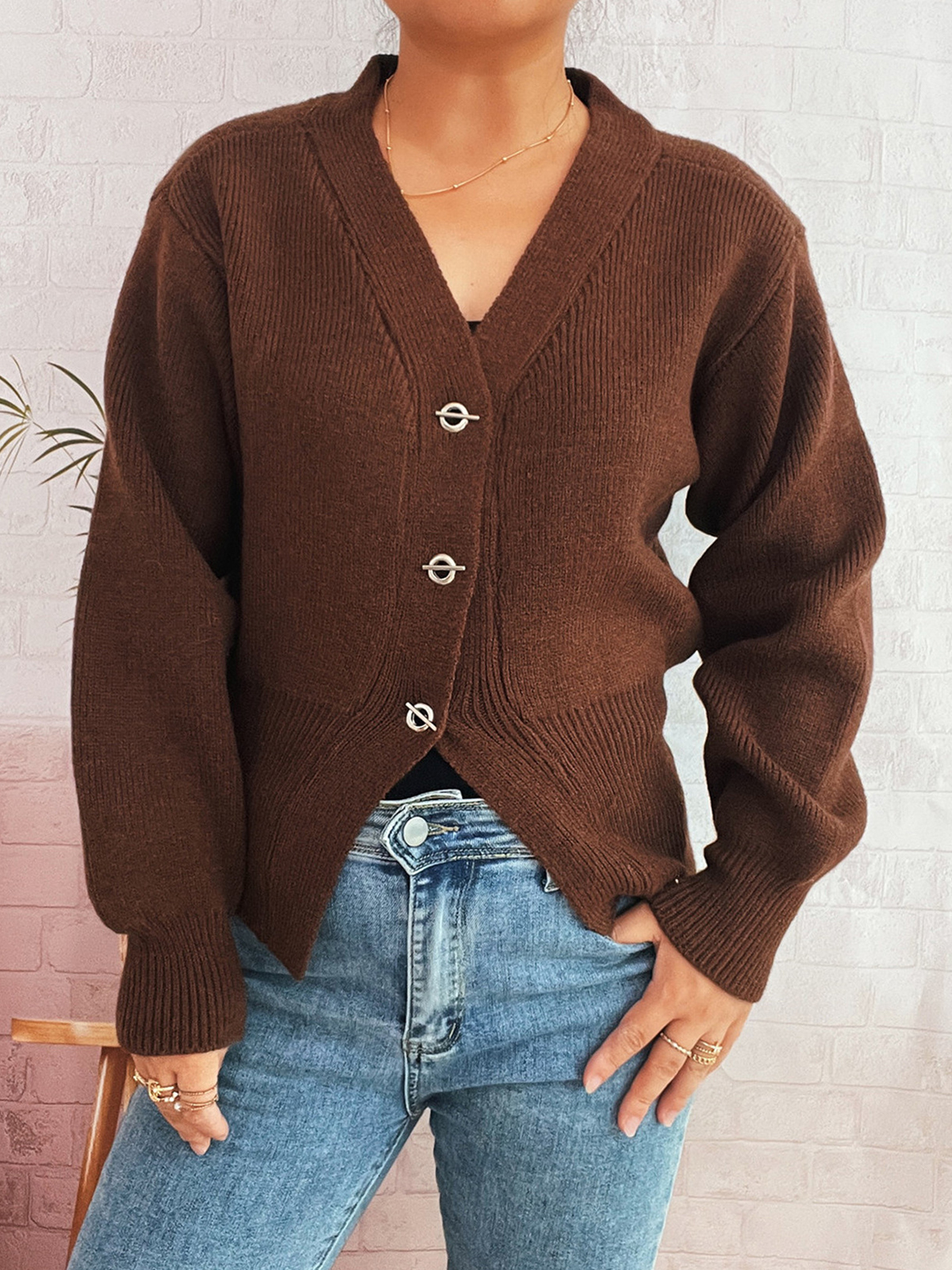 Women's Waisted Metal Button Cardigan