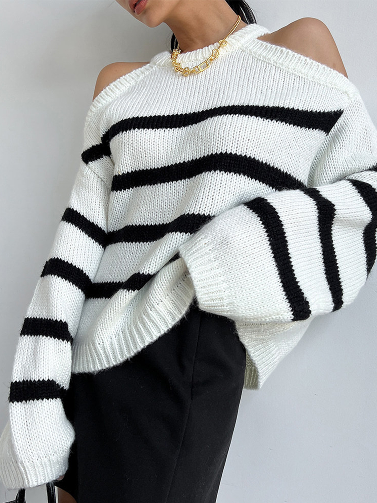 Women's Round Neck Hollow Off-Shoulder Striped Sweater