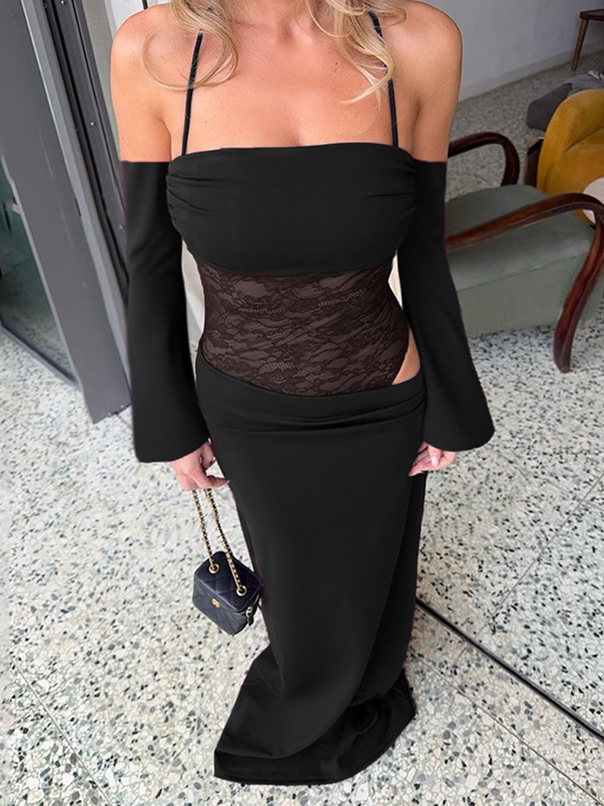 Women's Off-the-shoulder Lace Pleated Dress