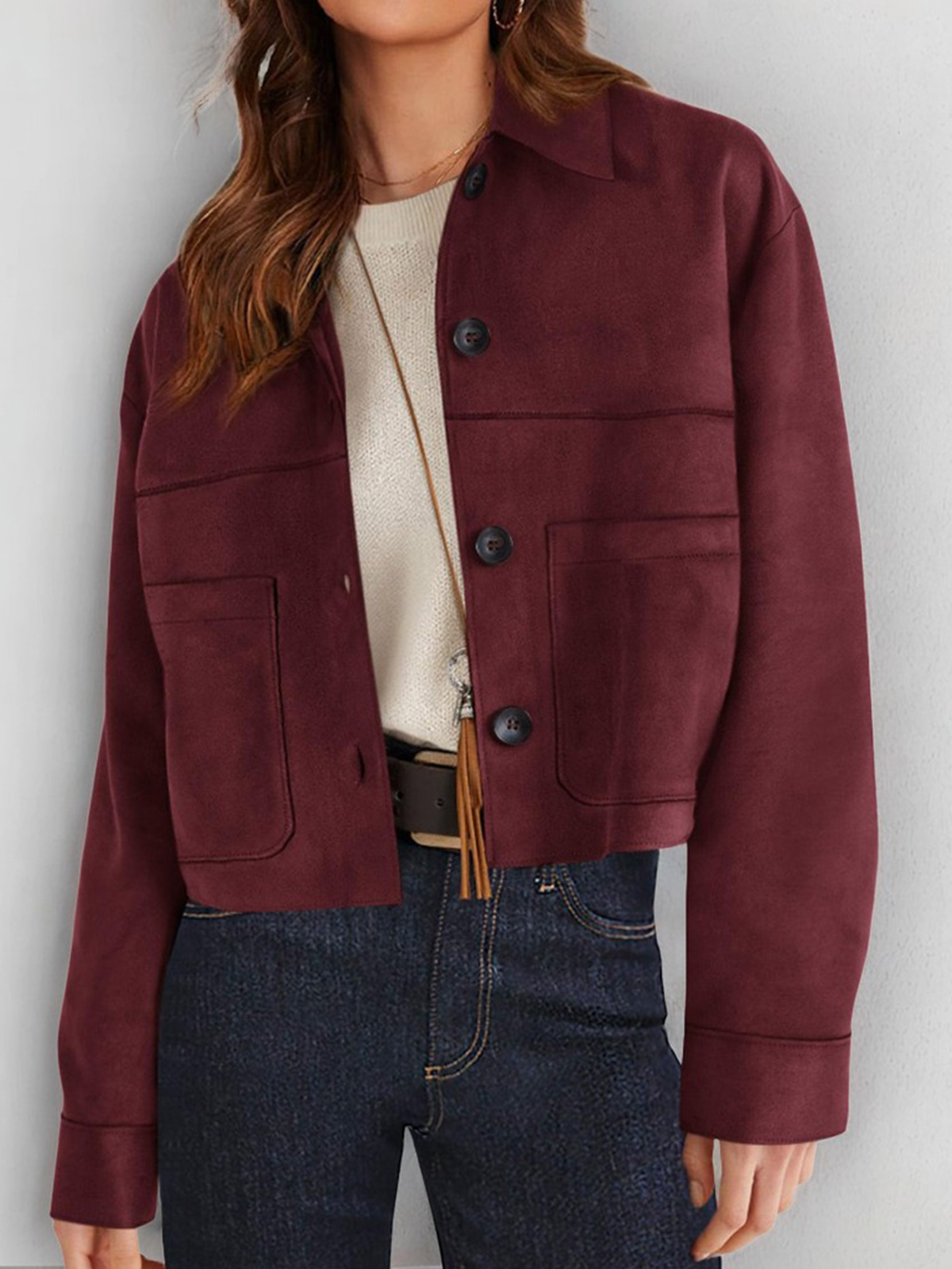 Cropped Faux Suede Button Jacket