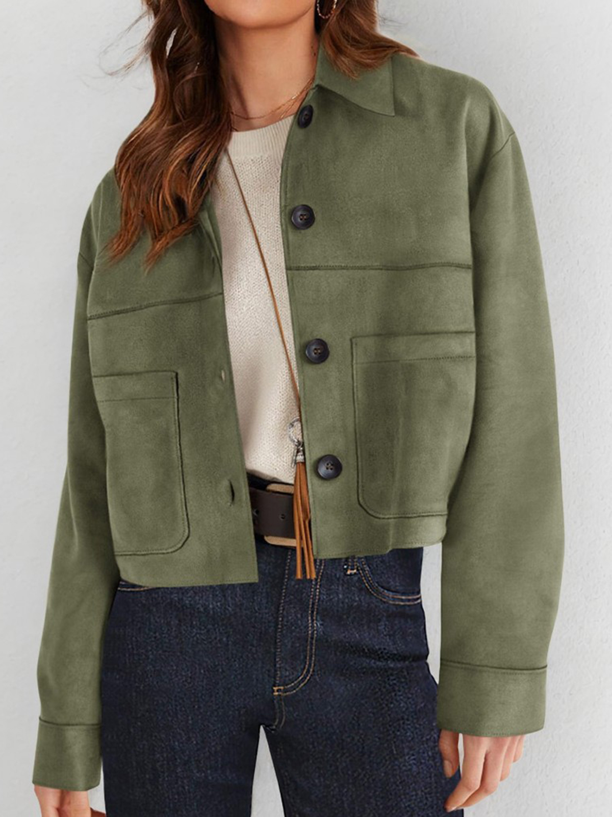 Cropped Faux Suede Button Jacket