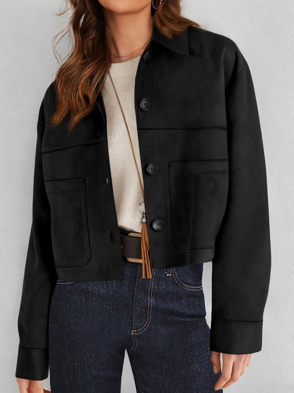 Cropped Faux Suede Button Jacket
