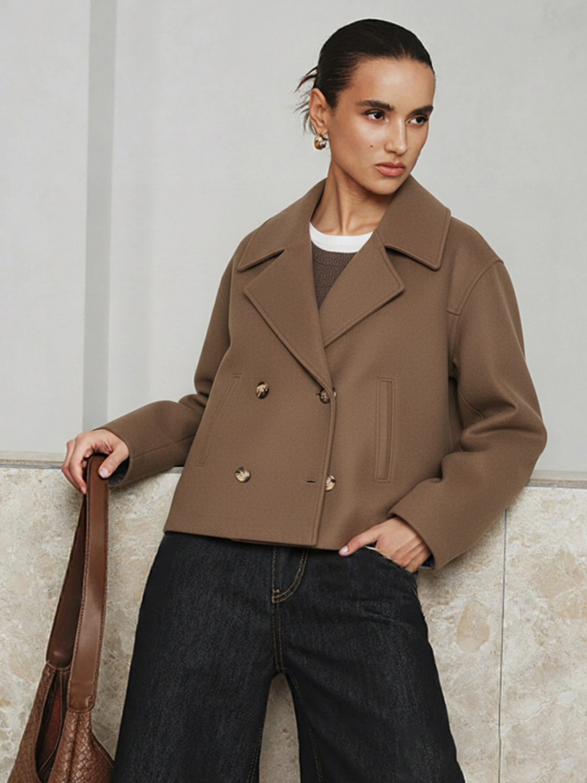 Cropped Double-breasted Lapel Coat