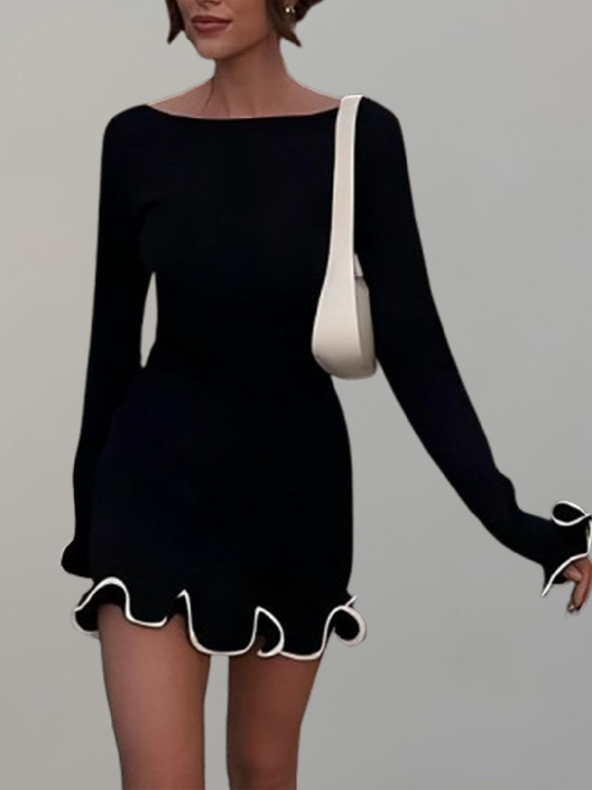 Round-Neck Long-Sleeved Slim-Fit Ruffle Dress