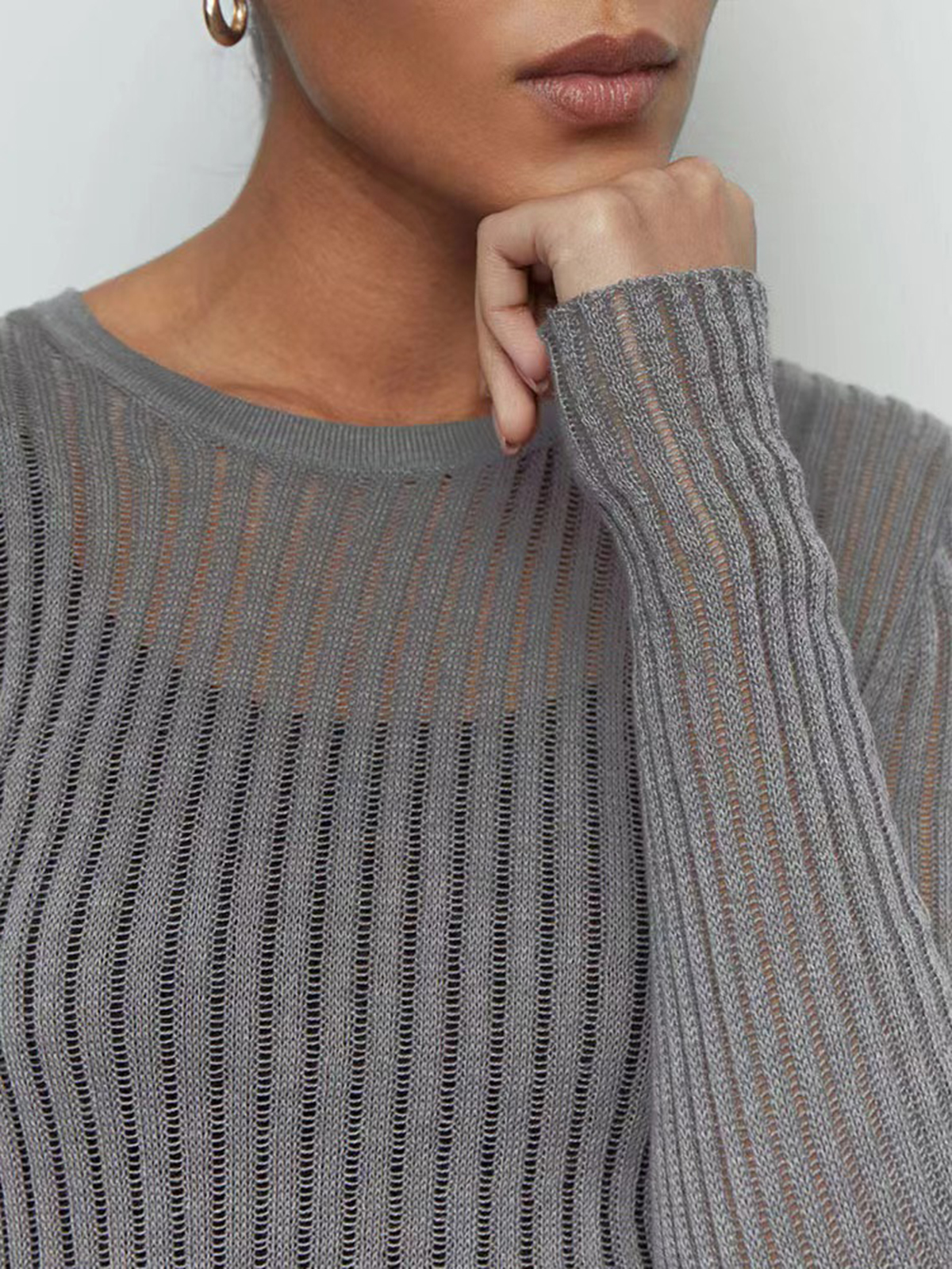 Women's Long-Sleeved Round Neck See-Through Thin Sweater