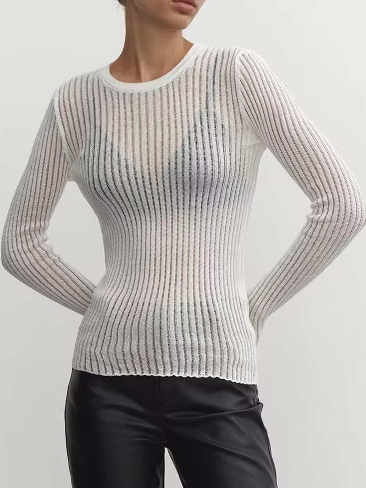 Women's Long-Sleeved Round Neck See-Through Thin Sweater