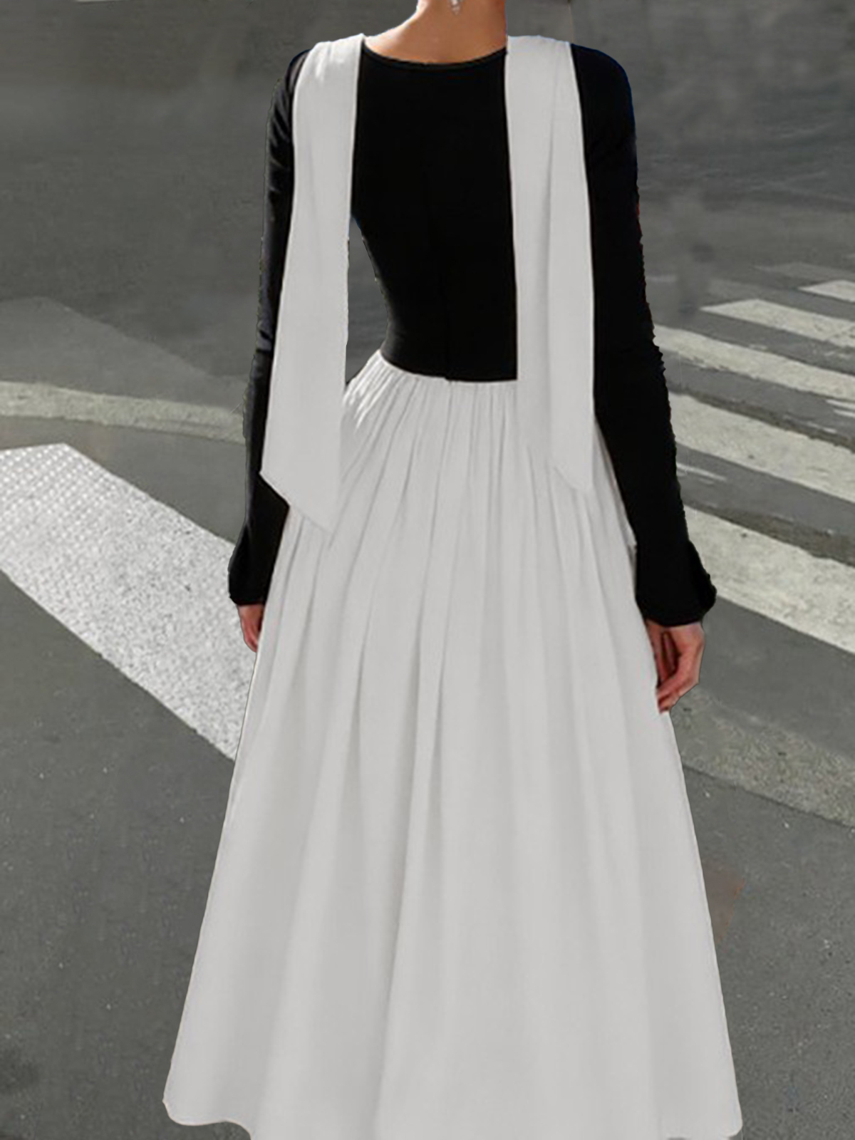 Long-Sleeved Contrast-Color Paneled Dress