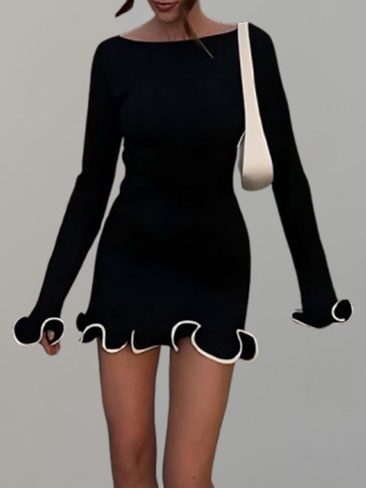 Round-Neck Long-Sleeved Slim-Fit Ruffle Dress