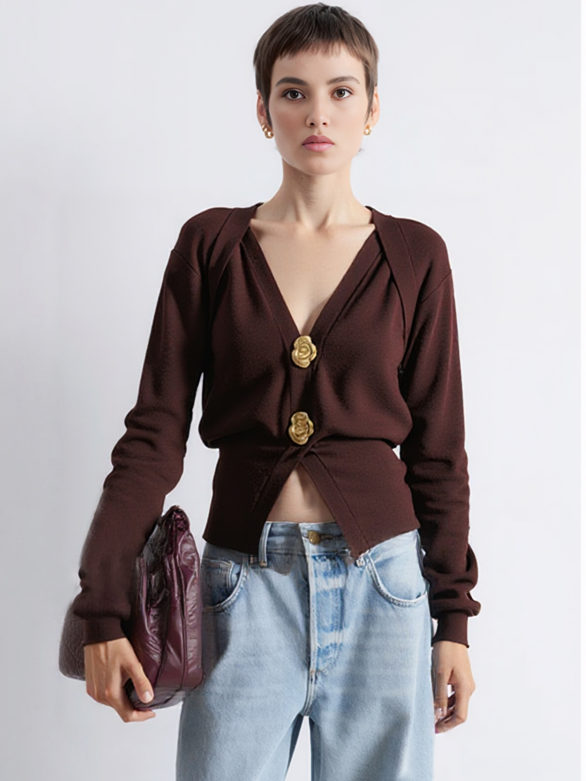Metal Button V-neck Sweater