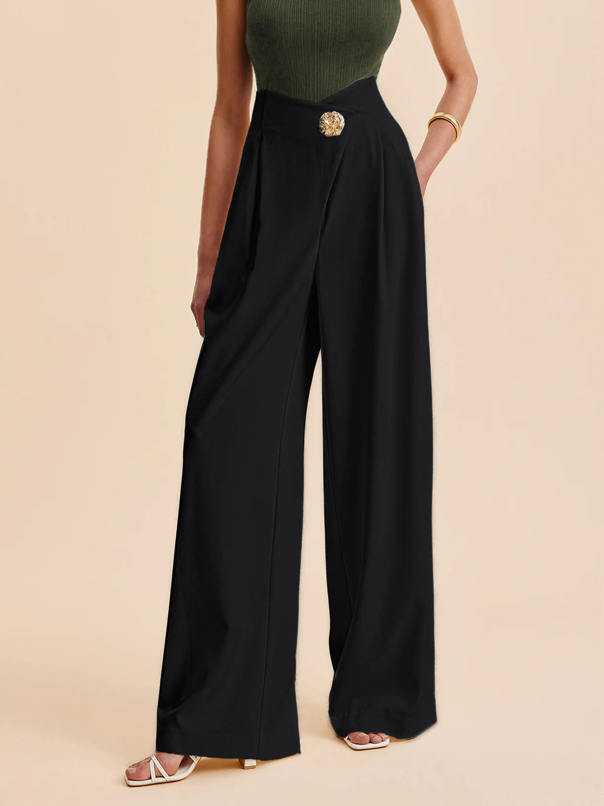 Embellished High Waisted Wide Leg Pants