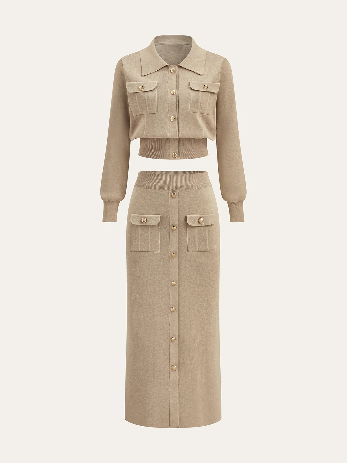 Metal Button Collared Cardigan and Midi Skirt Set