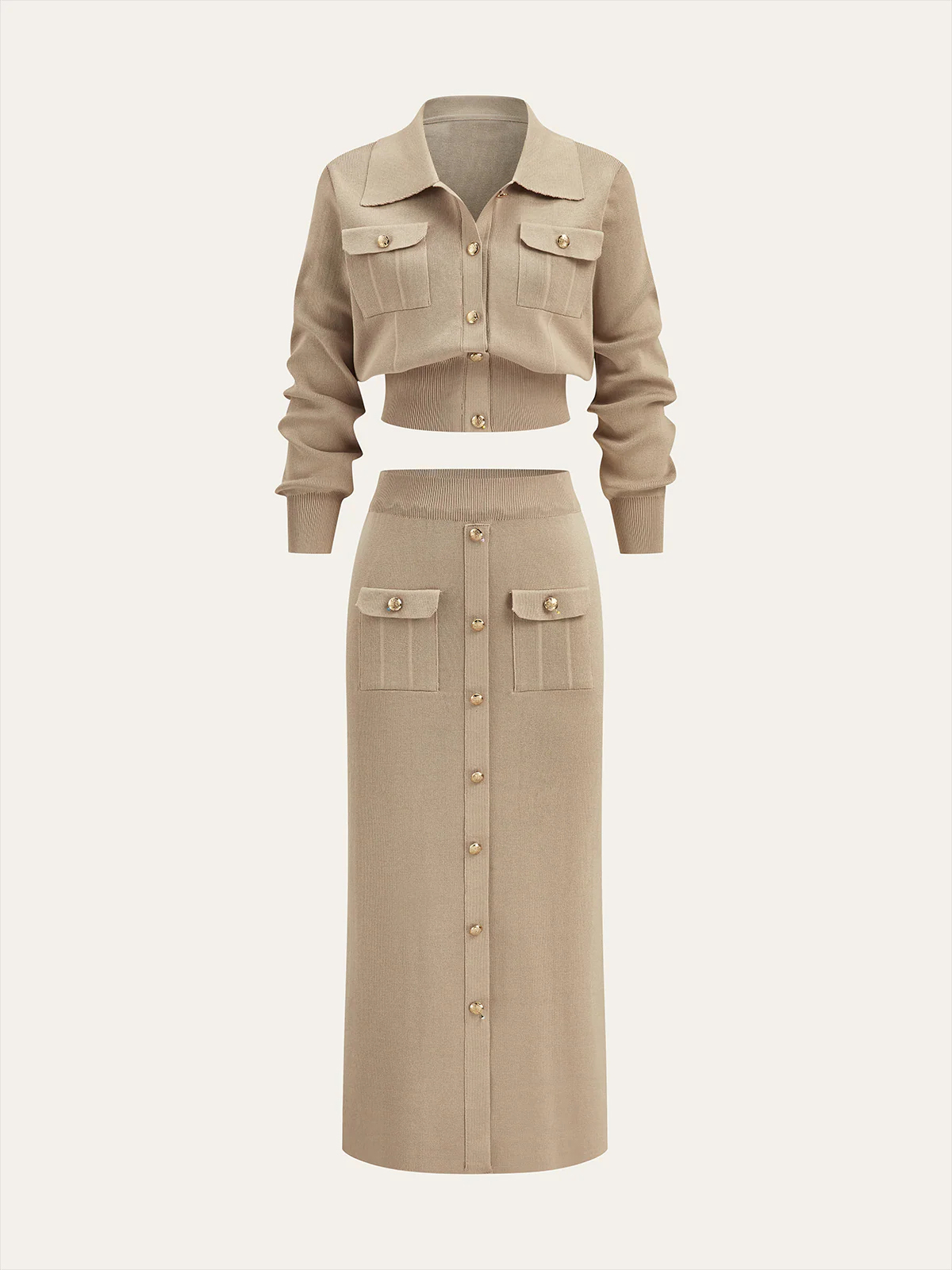 Metal Button Collared Cardigan and Midi Skirt Set