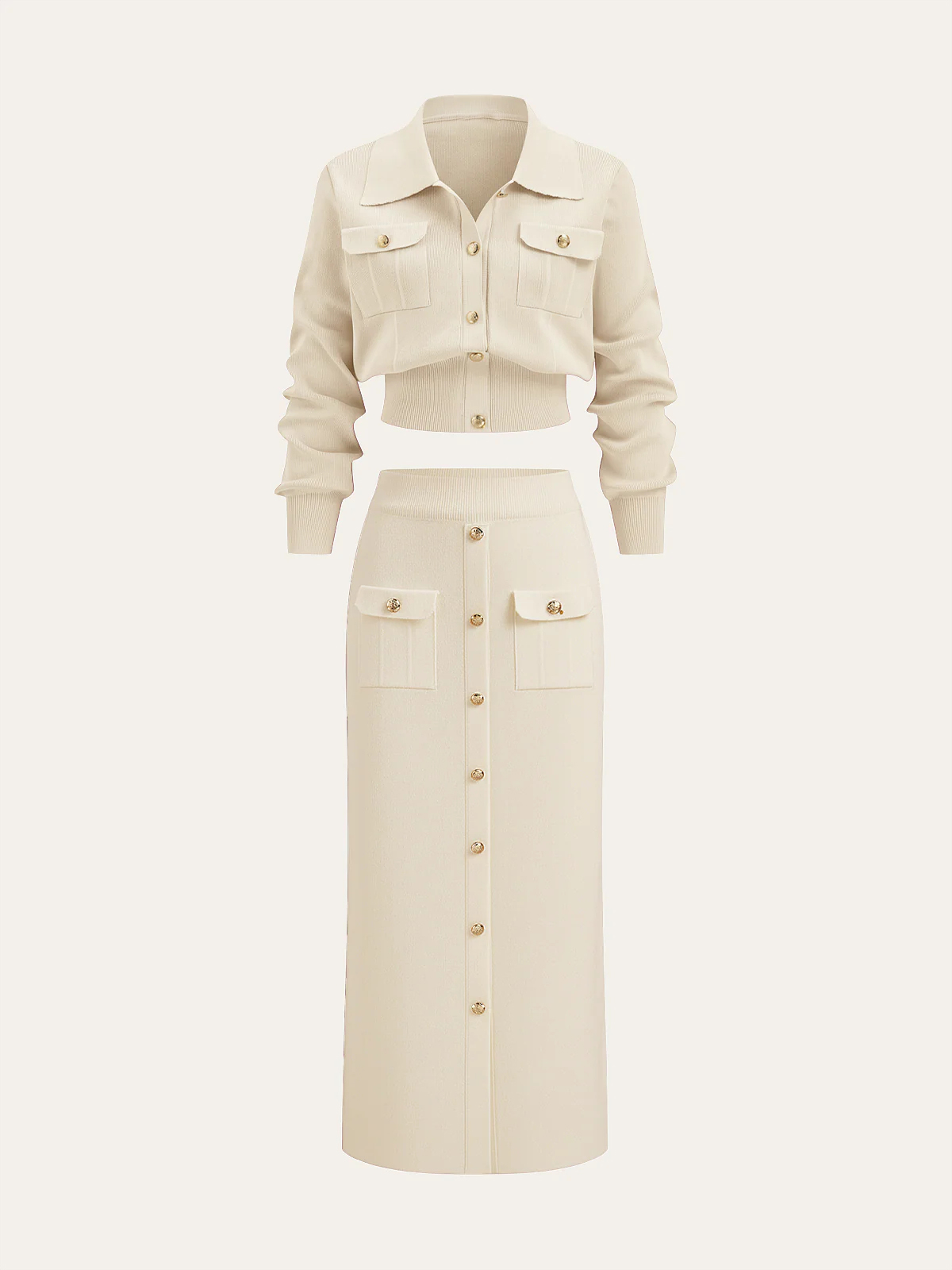 Metal Button Collared Cardigan and Midi Skirt Set