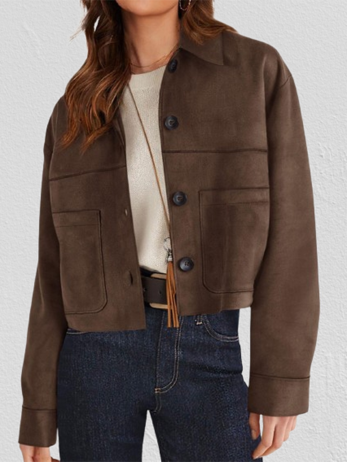 Cropped Faux Suede Button Jacket
