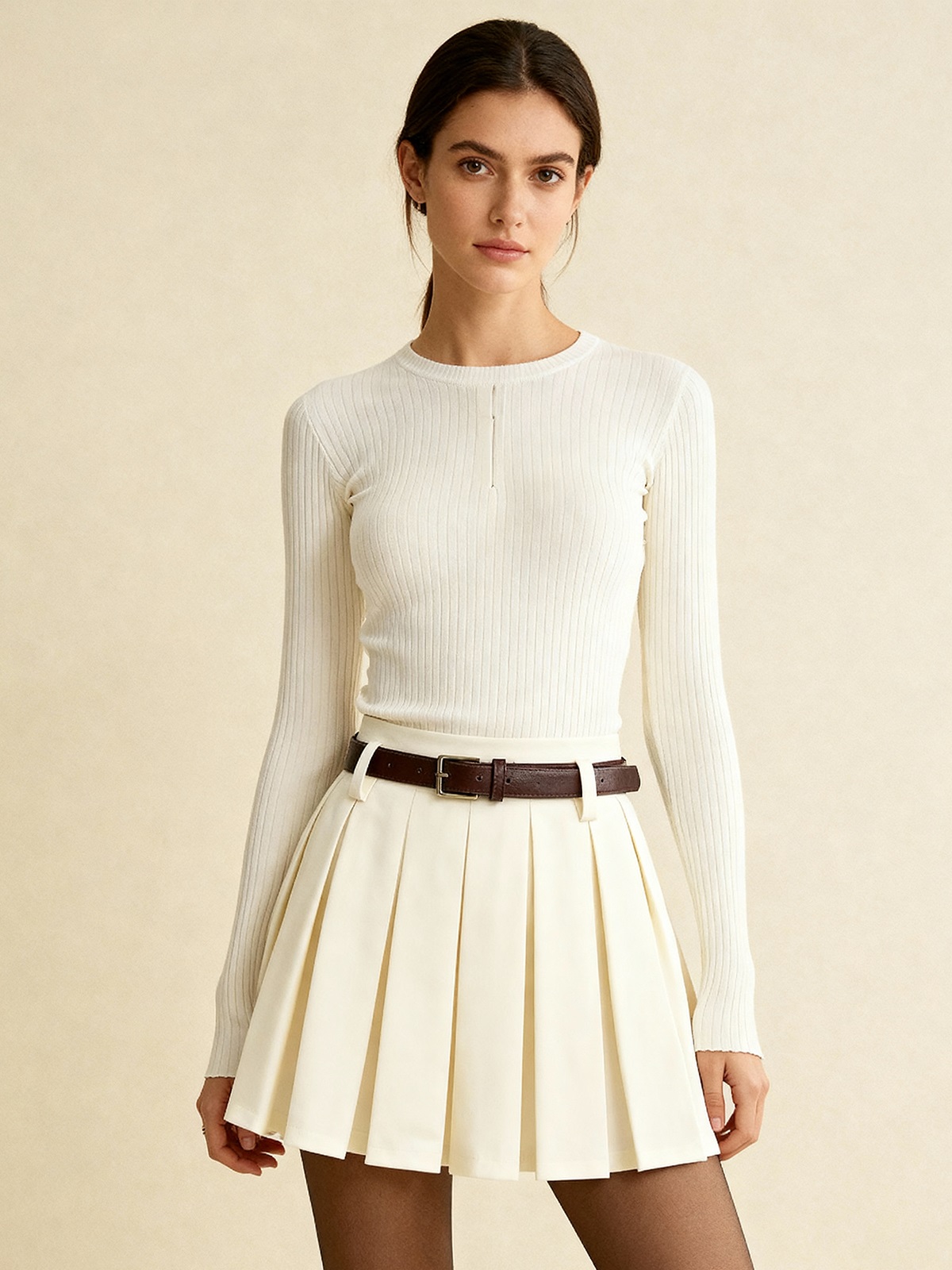 Belted Pleated Mini Skirt