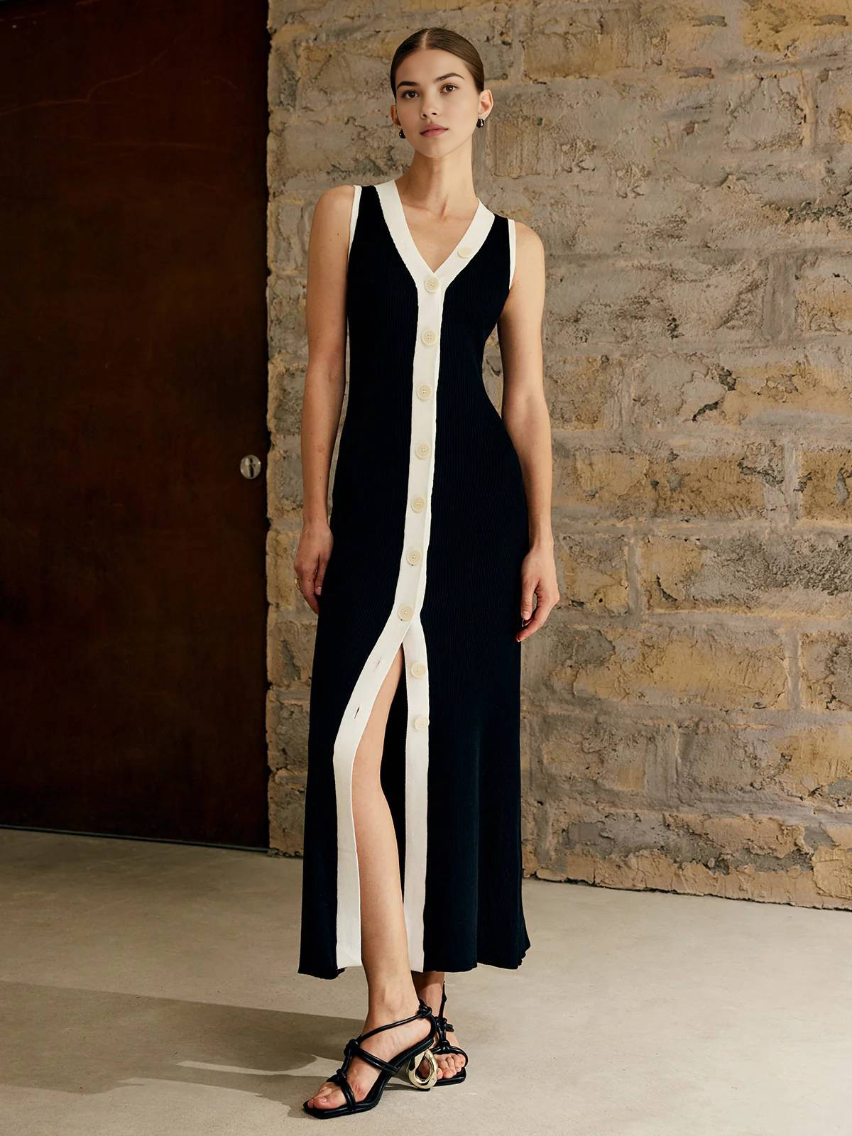 Contrast-Color Buttoned Sweater Dress