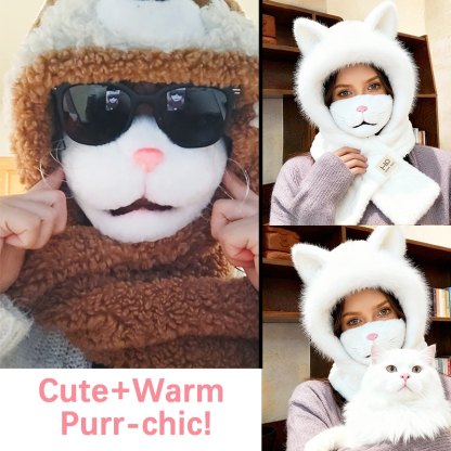 🔥 Viral-Worthy Cat Mask Alert! 🔥Movable Jaw -  Cat Mask + Integrated Hat and Scarf Set [Cute & Warm Outfit]