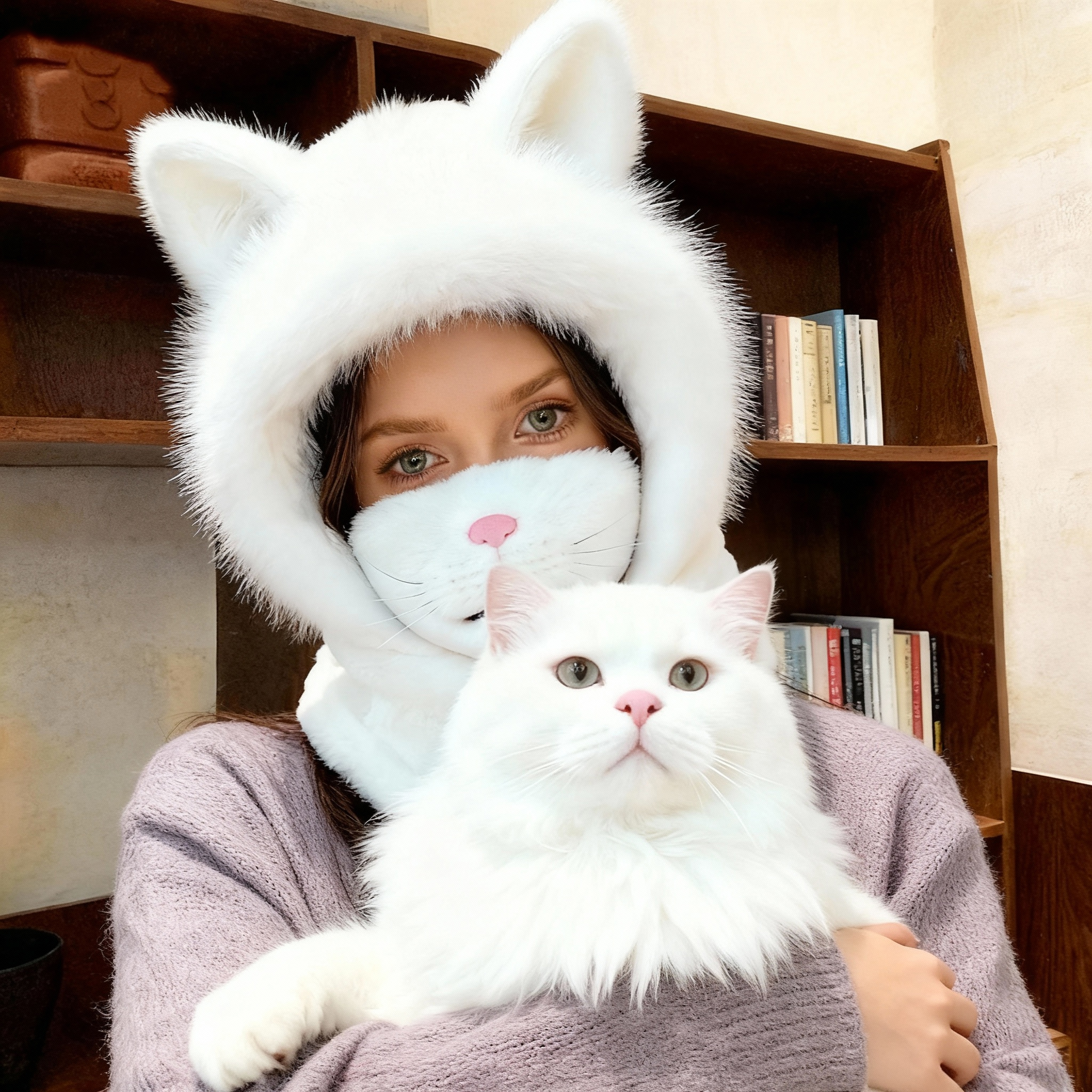🔥 Viral-Worthy Cat Mask Alert! 🔥Movable Jaw -  Cat Mask + Integrated Hat and Scarf Set [Cute & Warm Outfit]