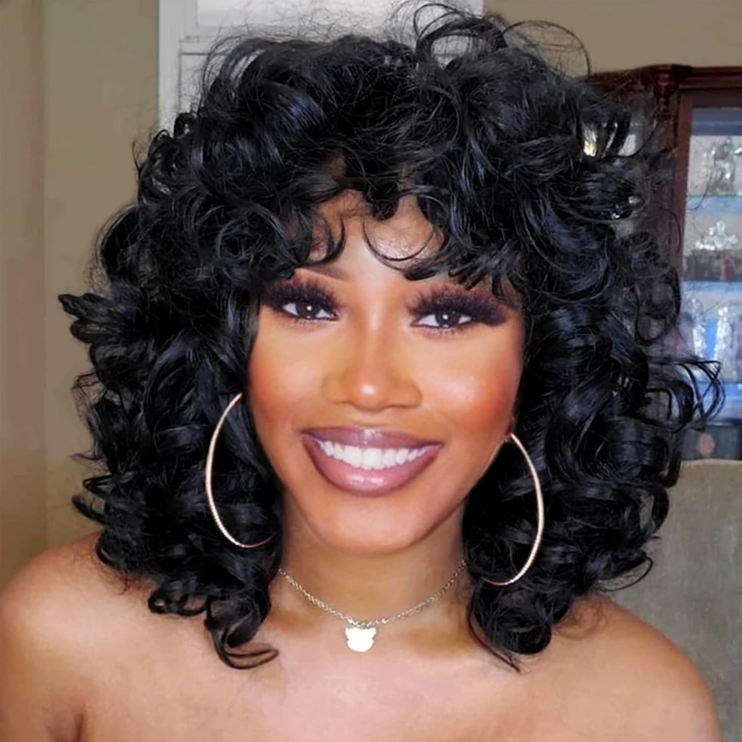 Women's Short Black Curly Wig with Bangs - Natural-Looking Synthetic Hair for Daily Wear & Parties