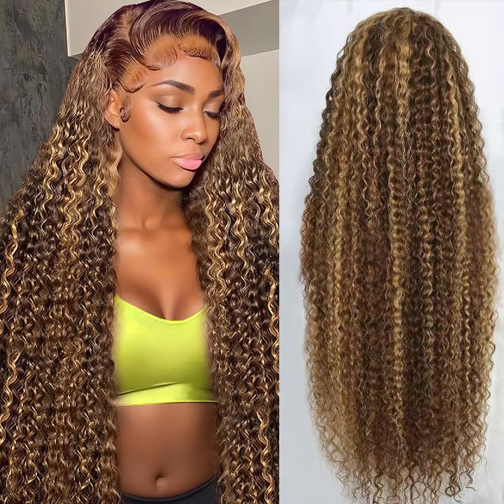 Honey-Gold Brown Highlight Ombre Glueless Lace Front Wig (Deep Wave, Front-Facing)