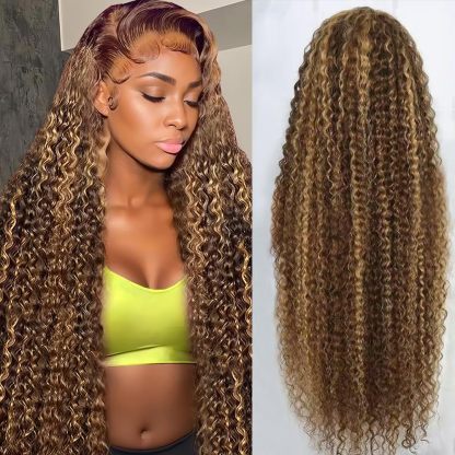 Honey-Gold Brown Highlight Ombre Glueless Lace Front Wig (Deep Wave, Front-Facing)