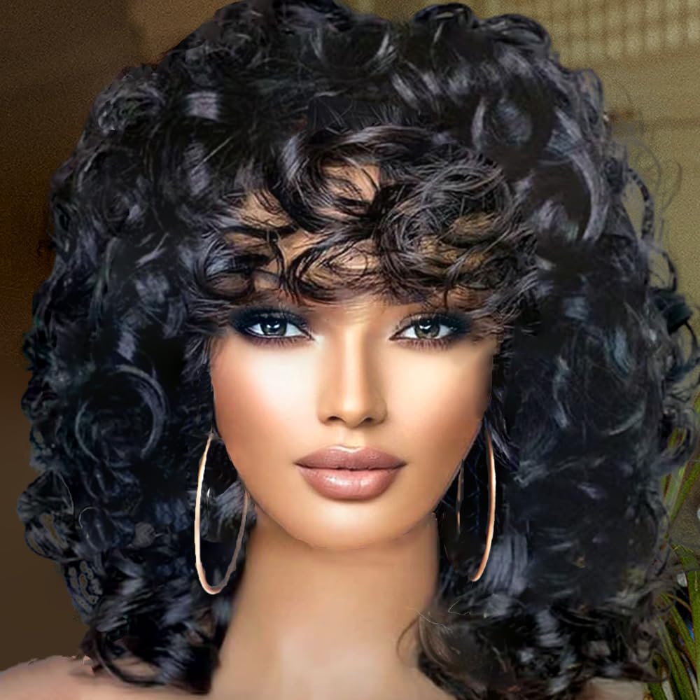 Women's Short Black Curly Wig with Bangs - Natural-Looking Synthetic Hair for Daily Wear & Parties