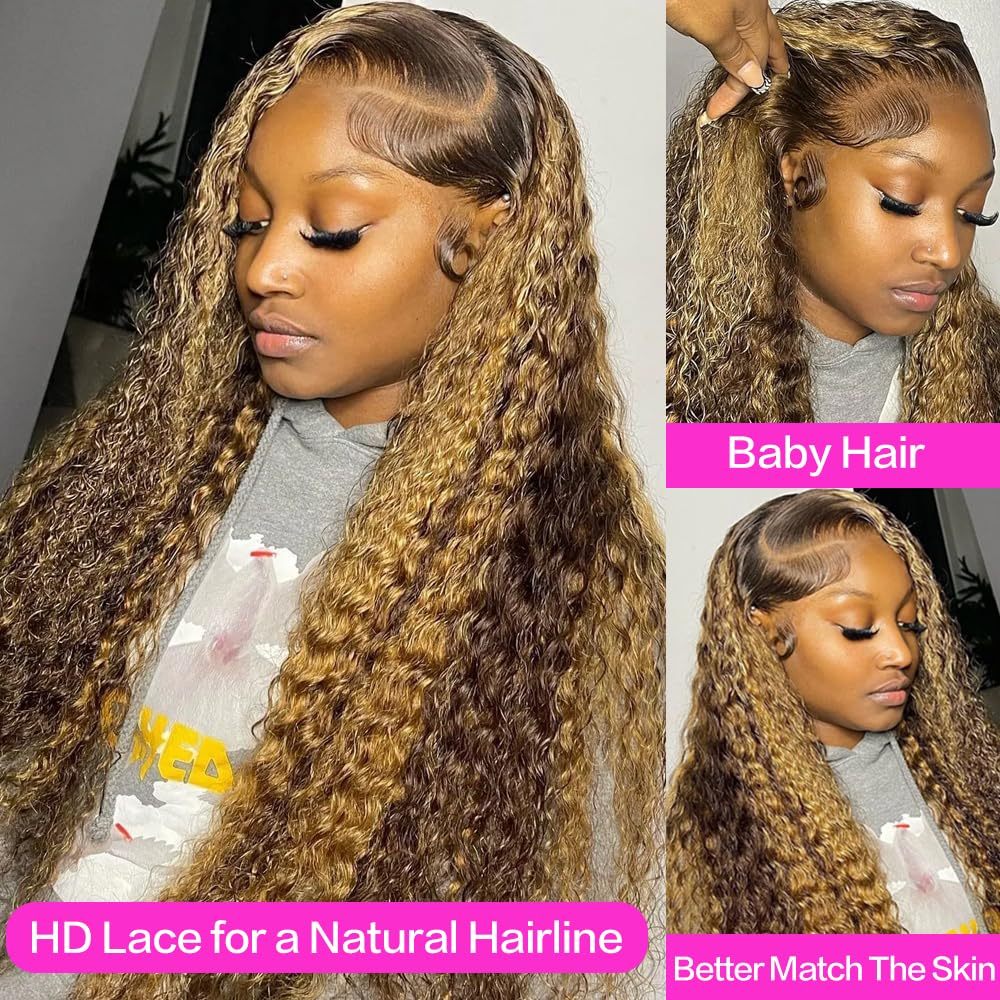 Honey-Gold Brown Highlight Ombre Glueless Lace Front Wig (Deep Wave, Front-Facing)