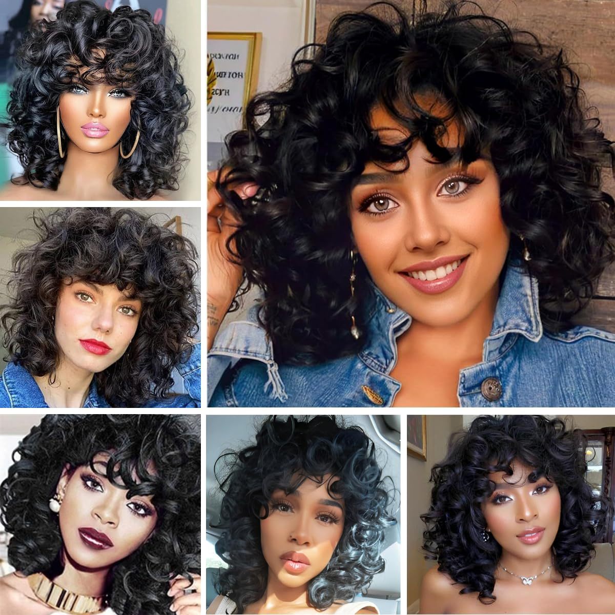 Women's Short Black Curly Wig with Bangs - Natural-Looking Synthetic Hair for Daily Wear & Parties
