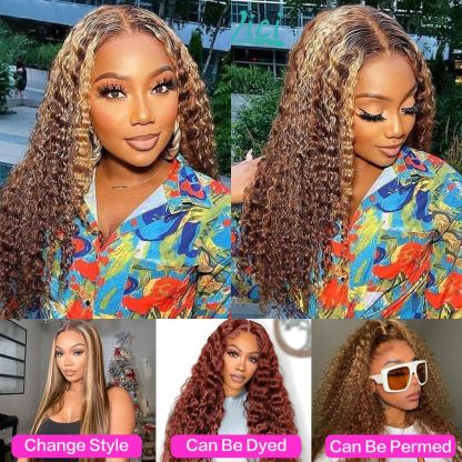 Honey-Gold Brown Highlight Ombre Glueless Lace Front Wig (Deep Wave, Front-Facing)