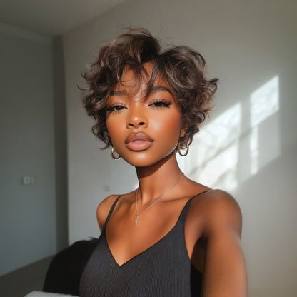 Wig short brown wavy women